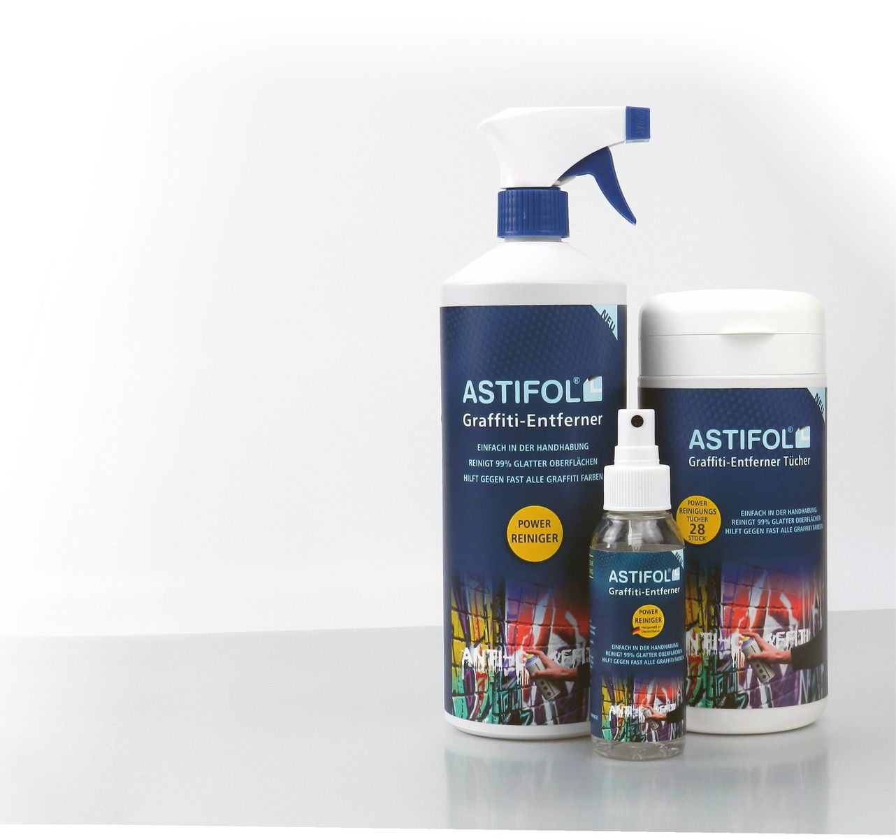 Der Graffiti-Entferner von Astifol in Form einer großen und einer kleinen Sprühflache. Daneben eine Dose mit Grafitti-Entferner Tüchern.